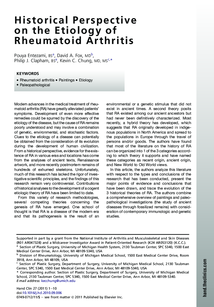 Historical Perspective on the Etiology of Rheumatoid Arthritis