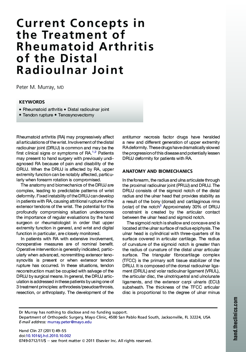 Current Concepts in the Treatment of Rheumatoid Arthritis of the Distal Radioulnar Joint