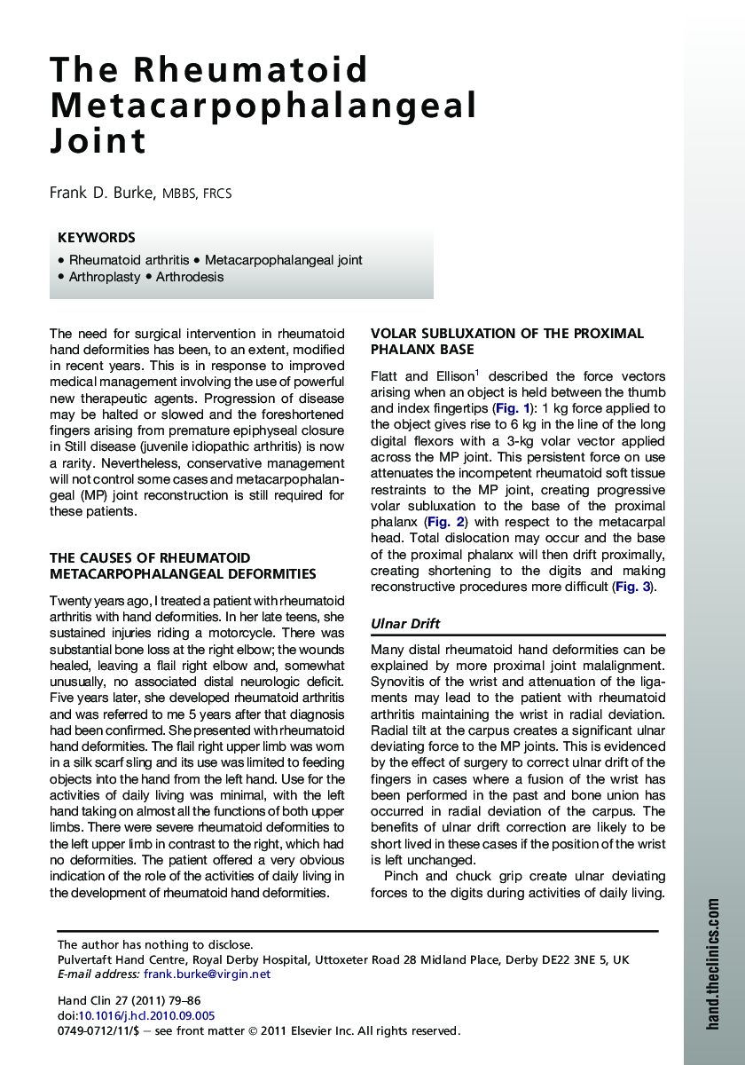 The Rheumatoid Metacarpophalangeal Joint