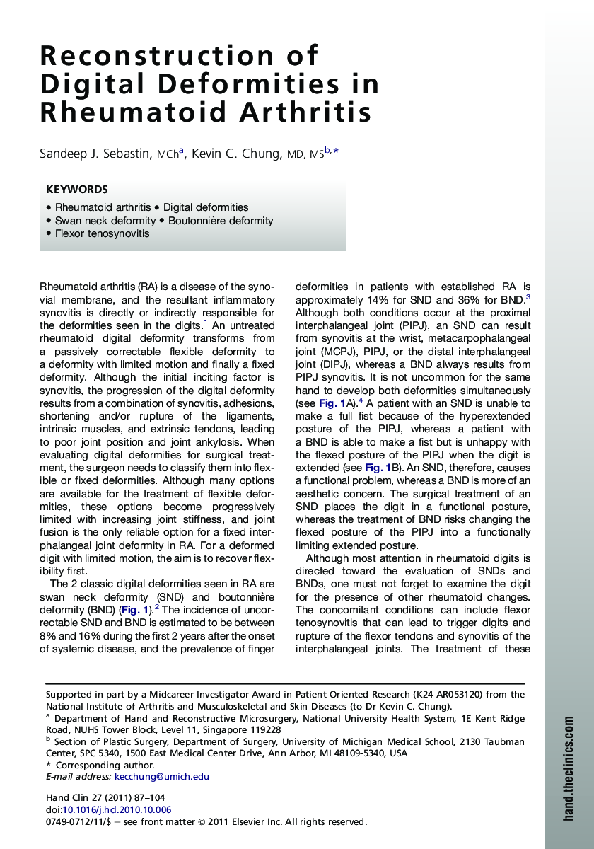 Reconstruction of Digital Deformities in Rheumatoid Arthritis