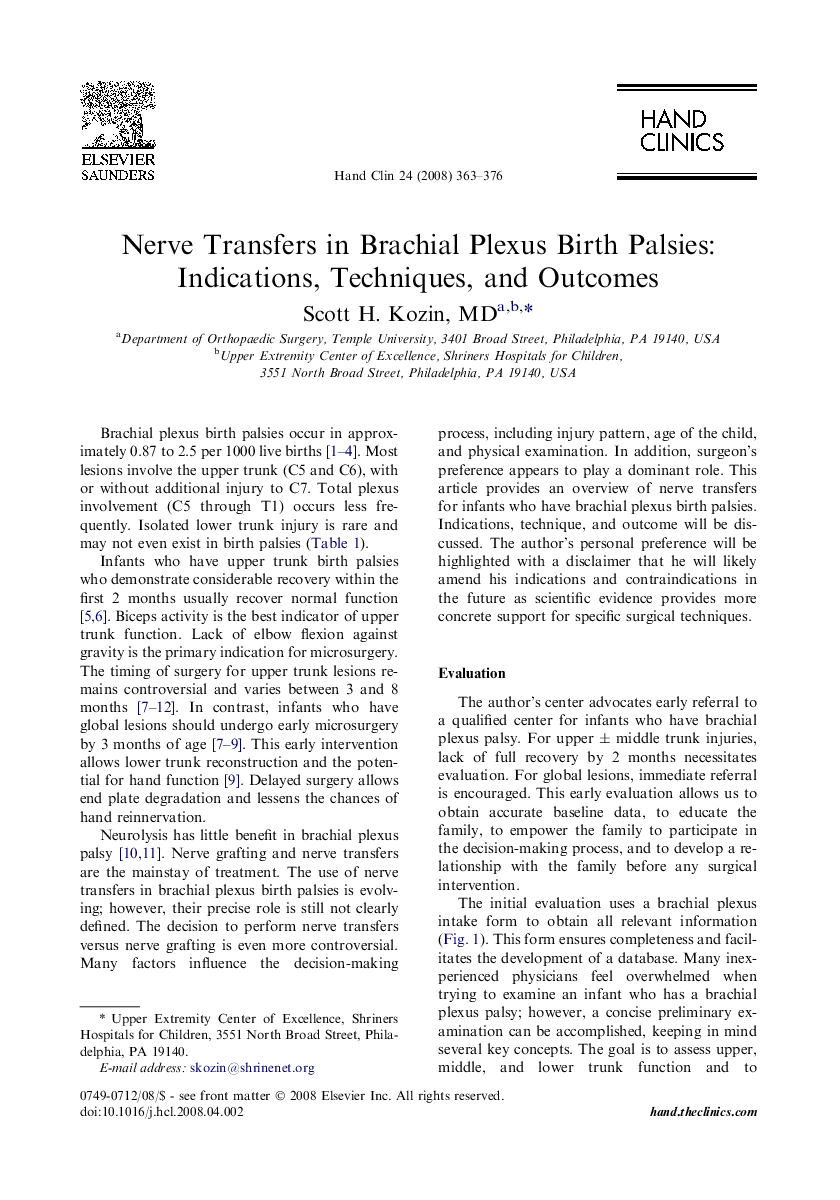 Nerve Transfers in Brachial Plexus Birth Palsies: Indications, Techniques, and Outcomes