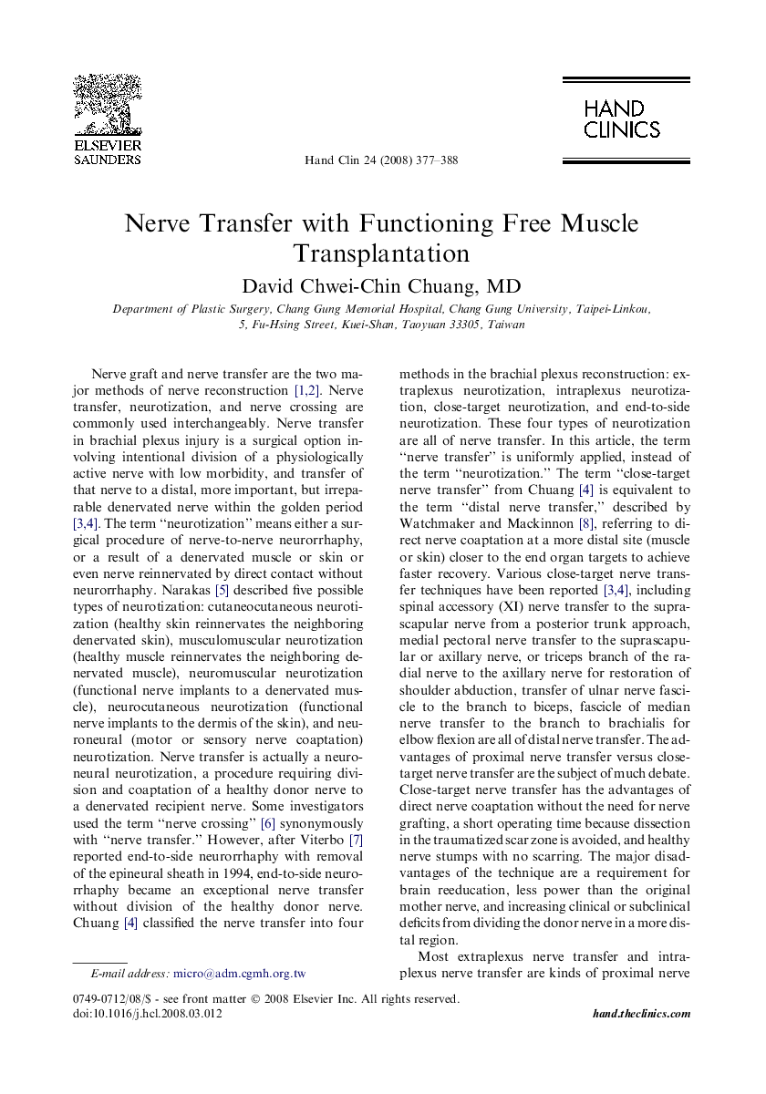 Nerve Transfer with Functioning Free Muscle Transplantation