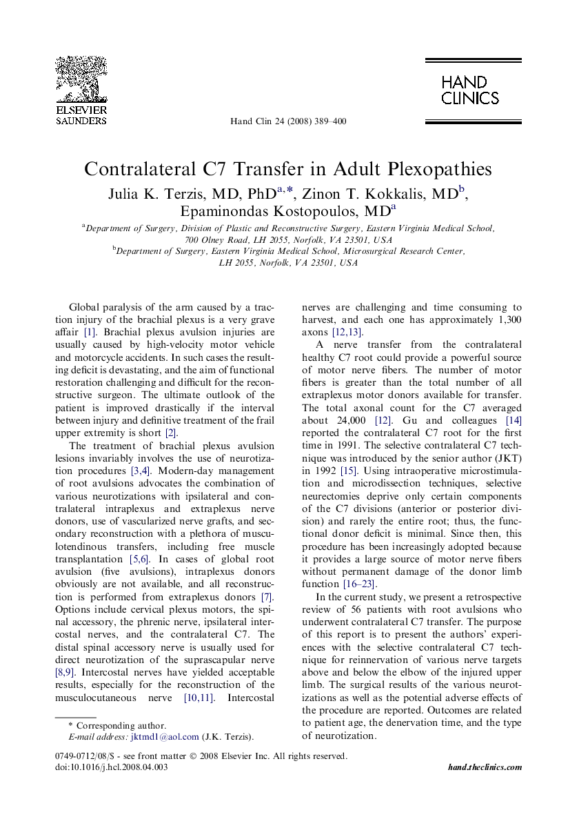 Contralateral C7 Transfer in Adult Plexopathies