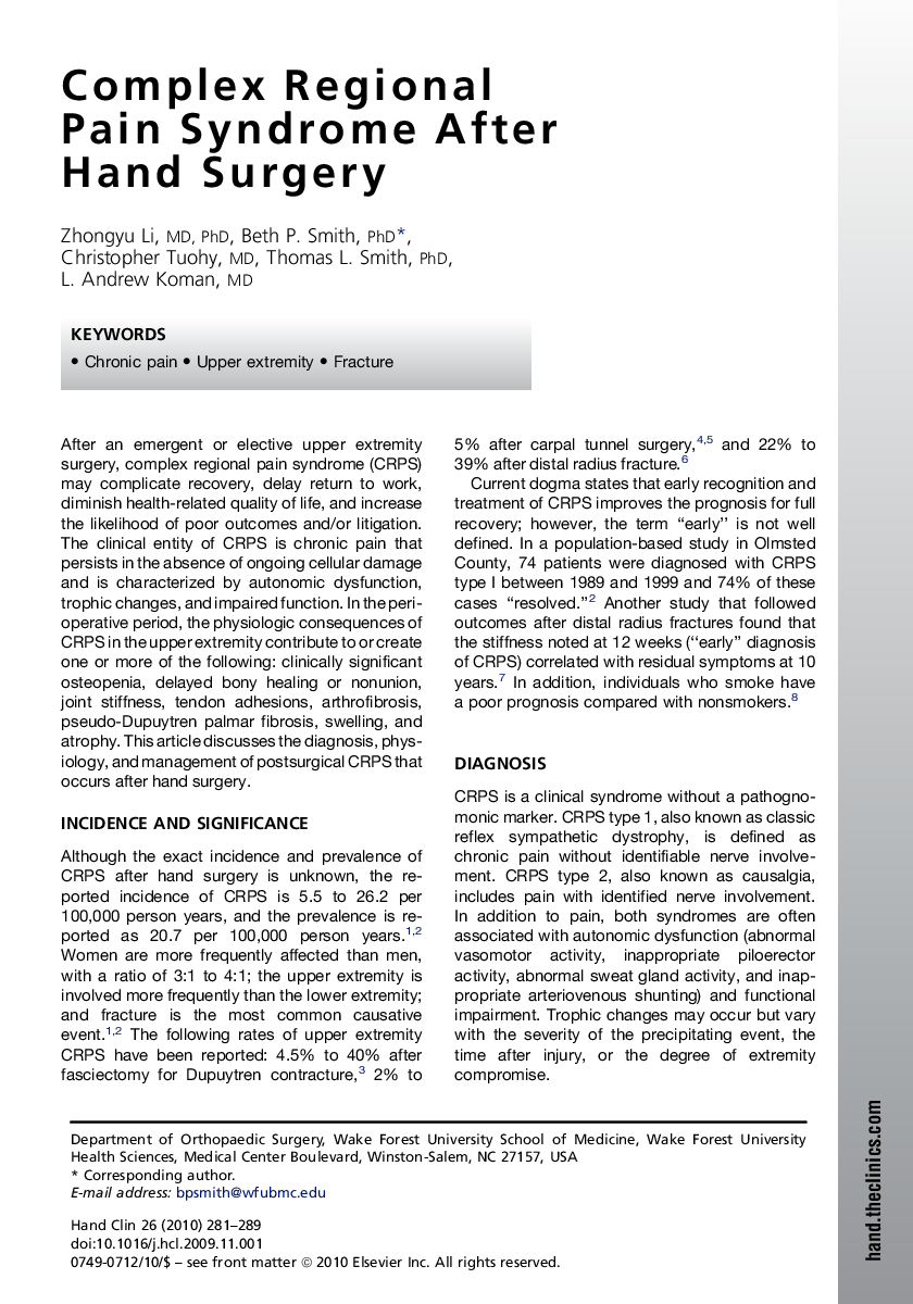 Complex Regional Pain Syndrome After Hand Surgery