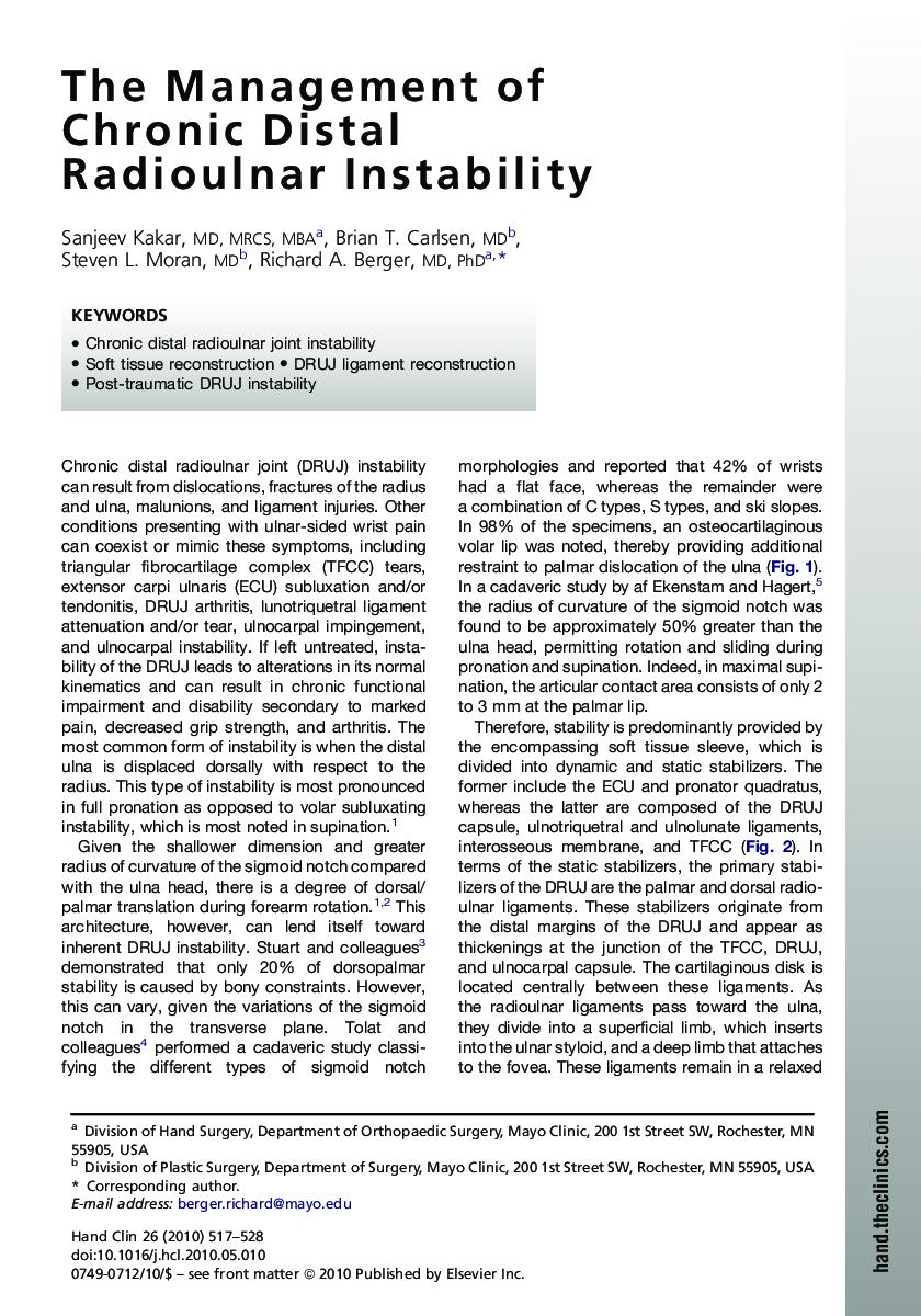 The Management of Chronic Distal Radioulnar Instability