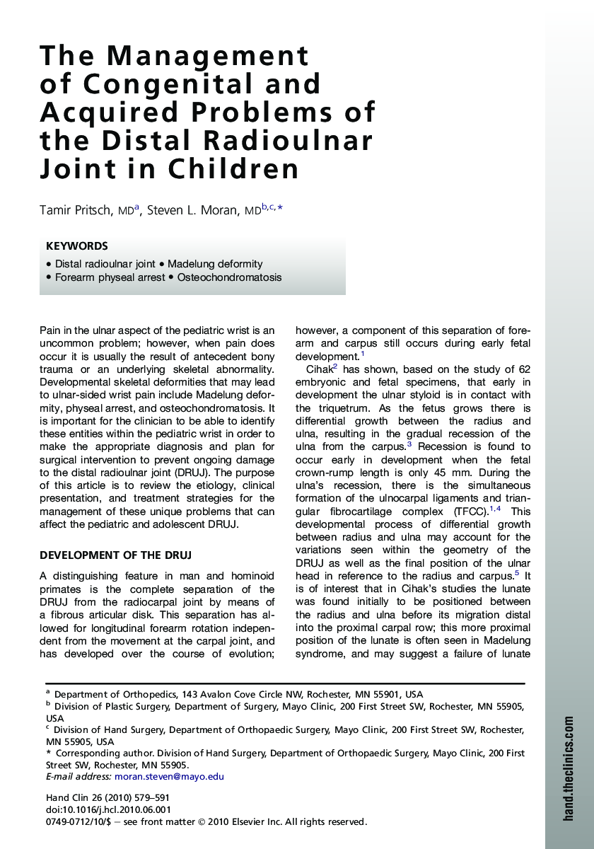 The Management of Congenital and Acquired Problems of the Distal Radioulnar Joint in Children