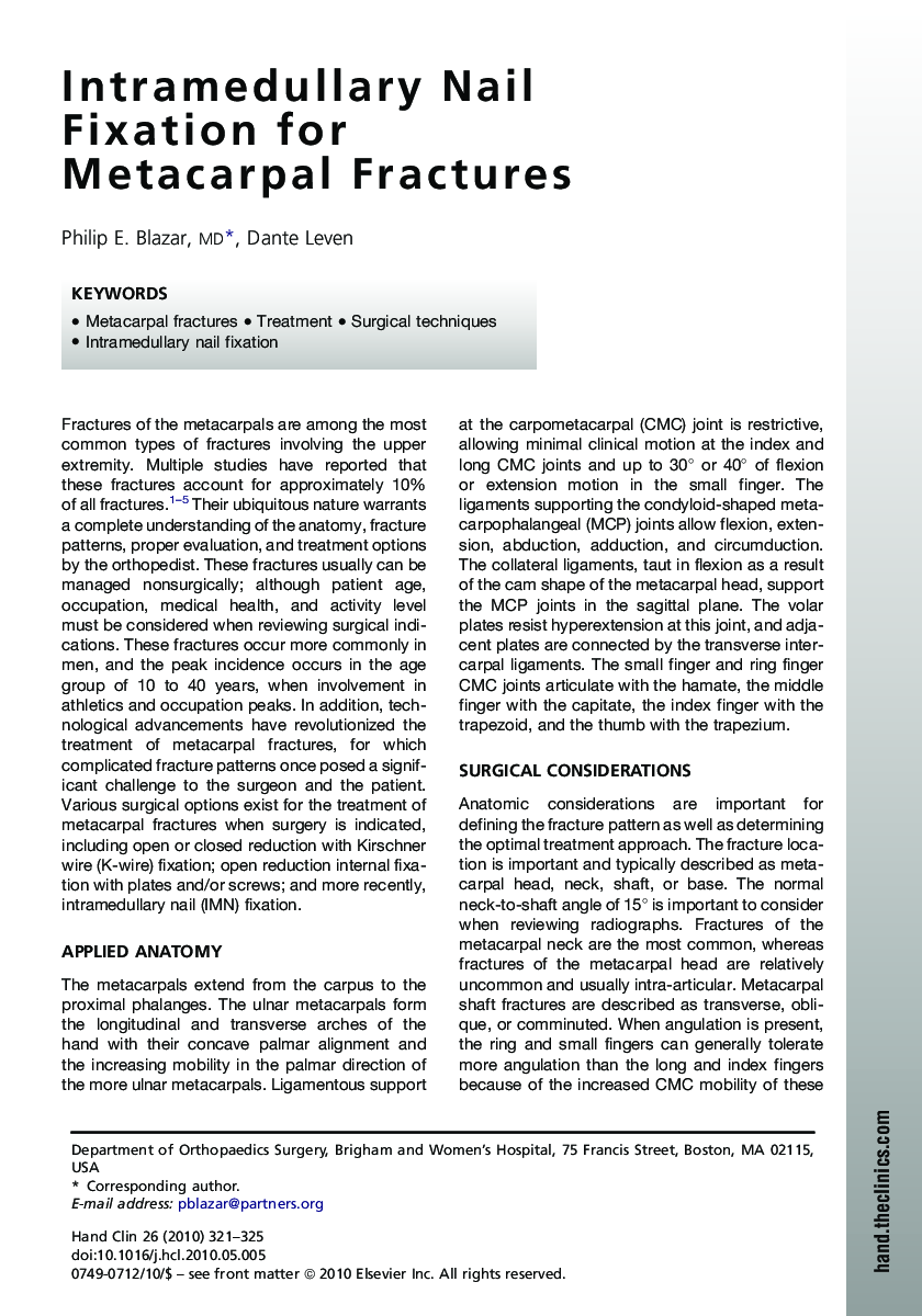 Intramedullary Nail Fixation for Metacarpal Fractures