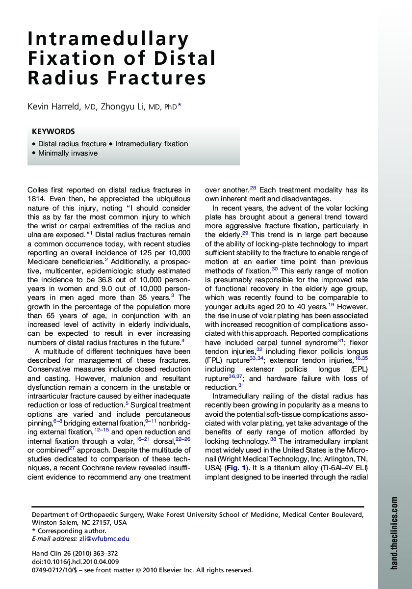 Intramedullary Fixation of Distal Radius Fractures