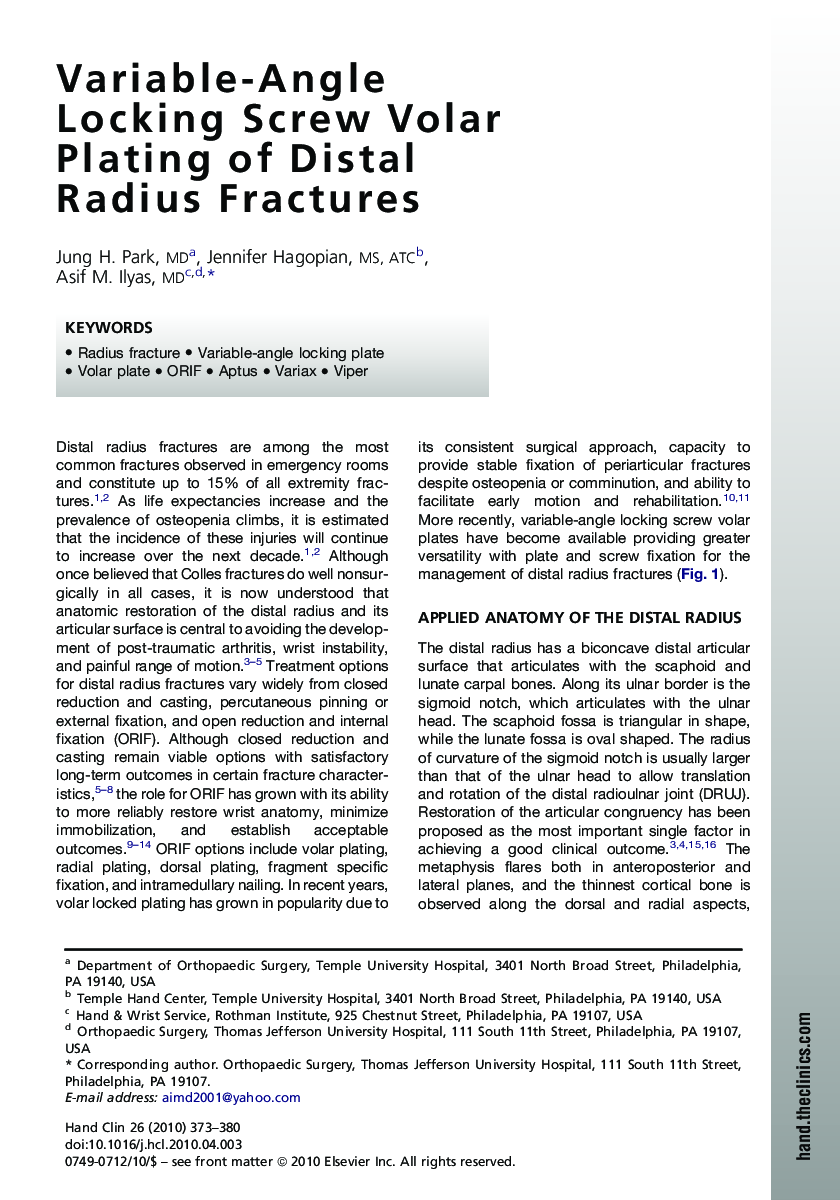 Variable-Angle Locking Screw Volar Plating of Distal Radius Fractures