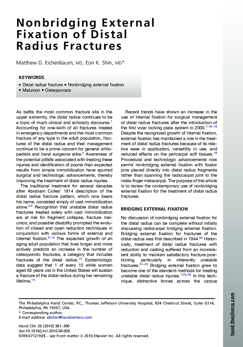 Nonbridging External Fixation of Distal Radius Fractures