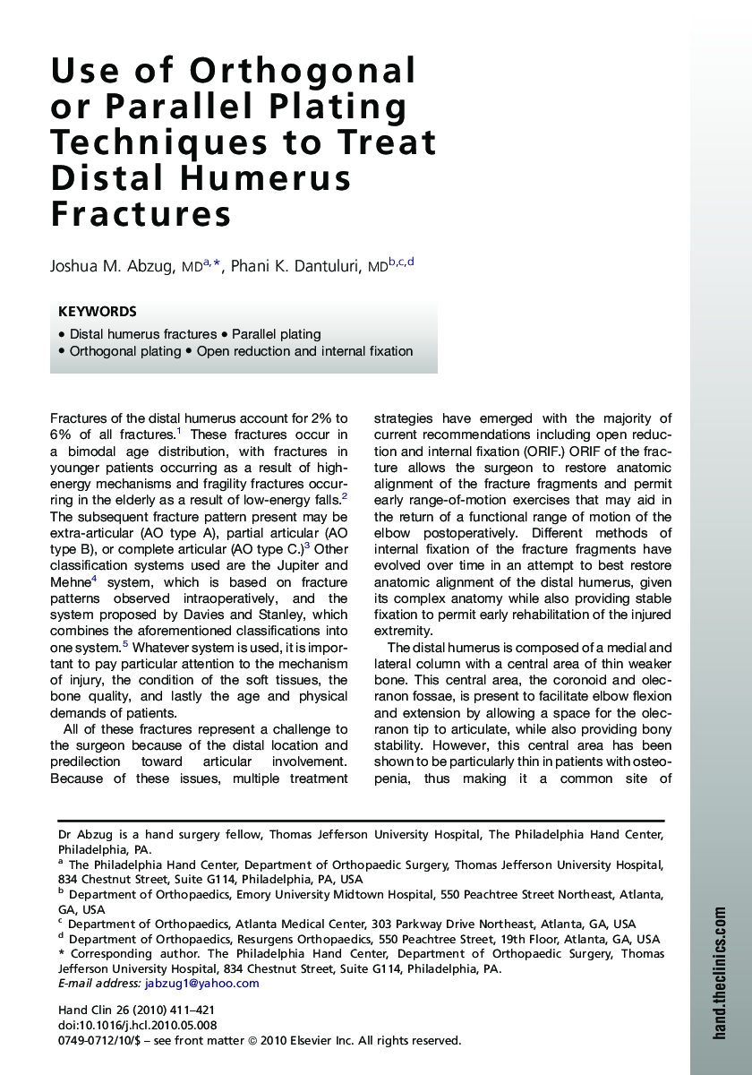 Use of Orthogonal or Parallel Plating Techniques to Treat Distal Humerus Fractures