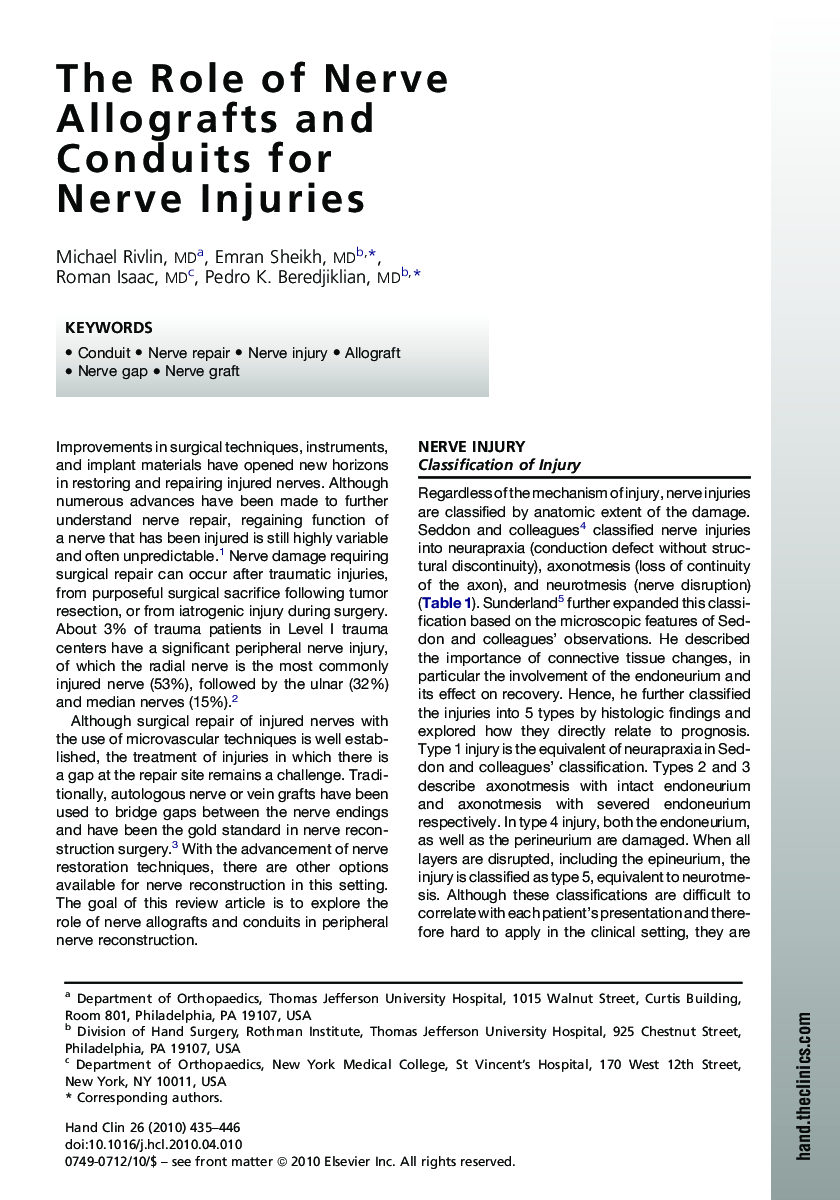 The Role of Nerve Allografts and Conduits for Nerve Injuries