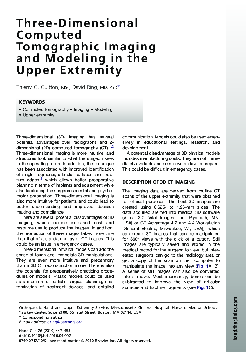 Three-Dimensional Computed Tomographic Imaging and Modeling in the Upper Extremity