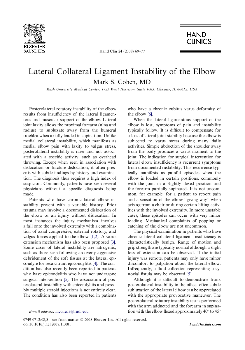 Lateral Collateral Ligament Instability of the Elbow