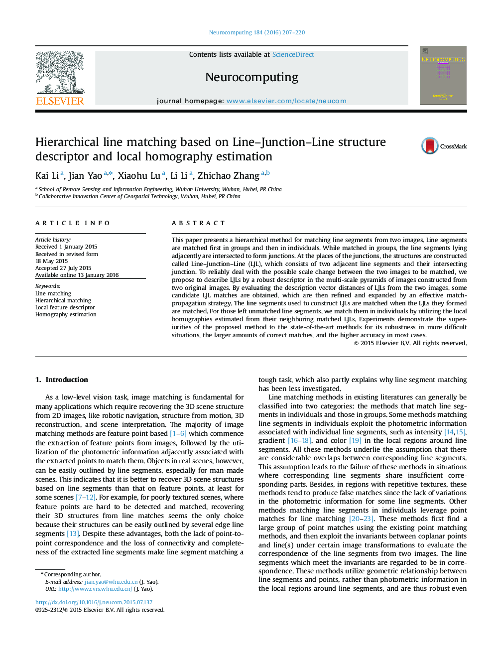 Hierarchical line matching based on Line–Junction–Line structure descriptor and local homography estimation