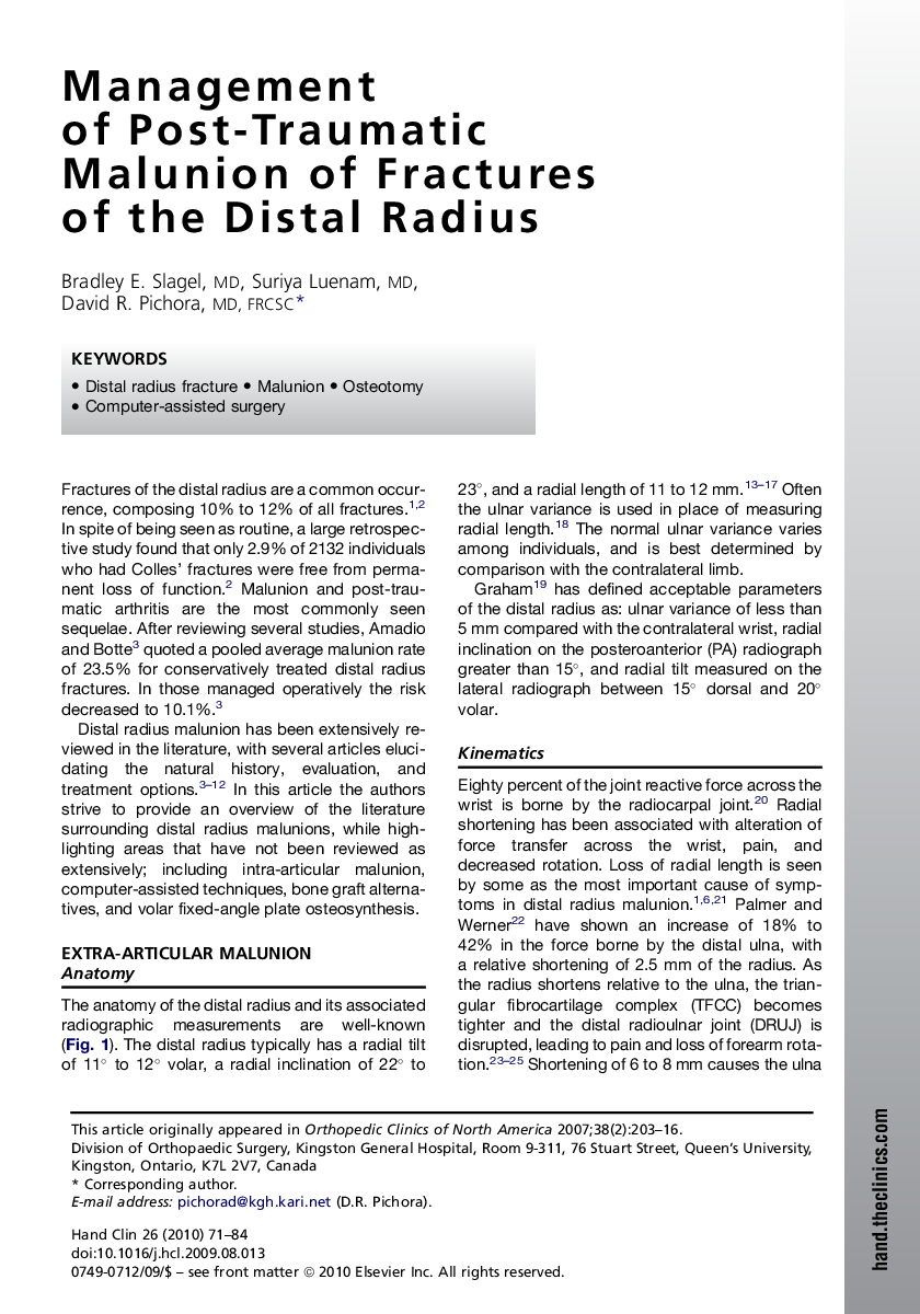 Management of Post-Traumatic Malunion of Fractures of the Distal Radius 