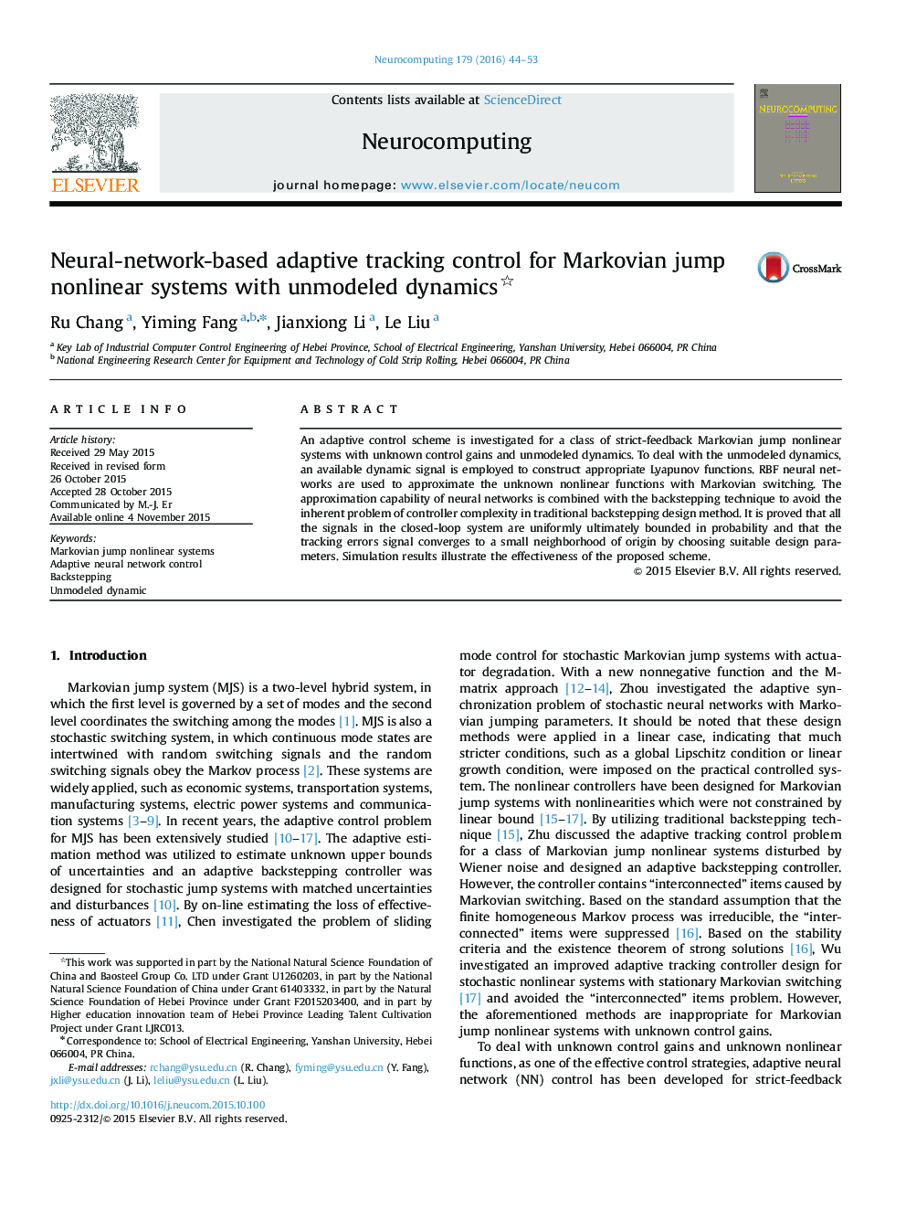 Neural-network-based adaptive tracking control for Markovian jump nonlinear systems with unmodeled dynamics 