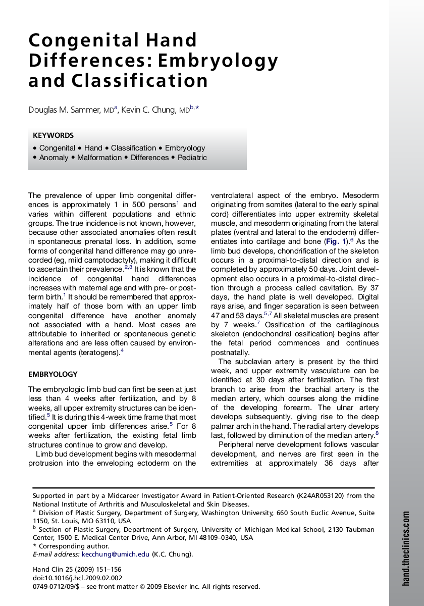 Congenital Hand Differences: Embryology and Classification 