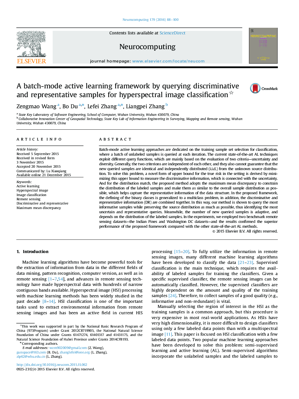 A batch-mode active learning framework by querying discriminative and representative samples for hyperspectral image classification 