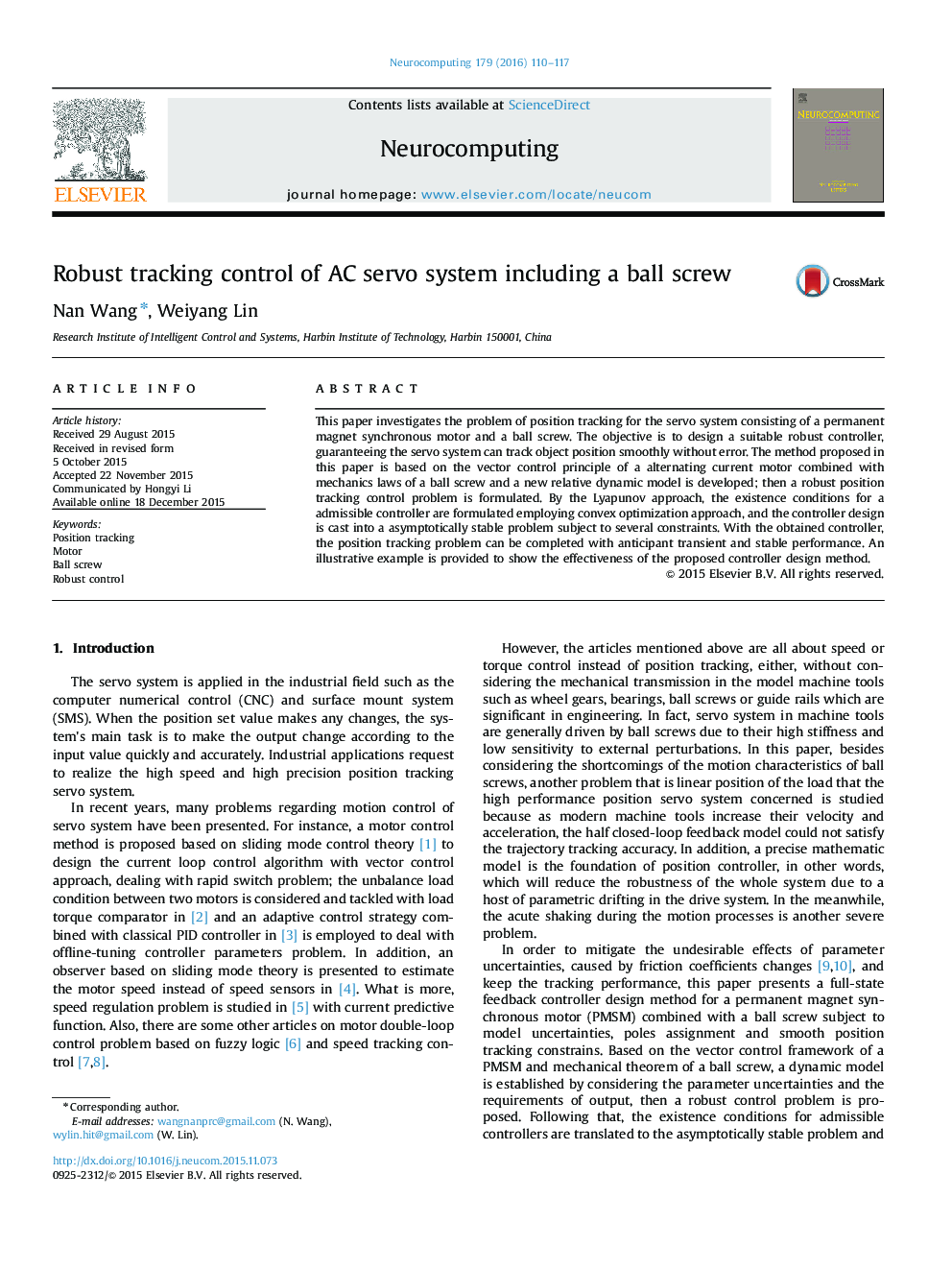 Robust tracking control of AC servo system including a ball screw