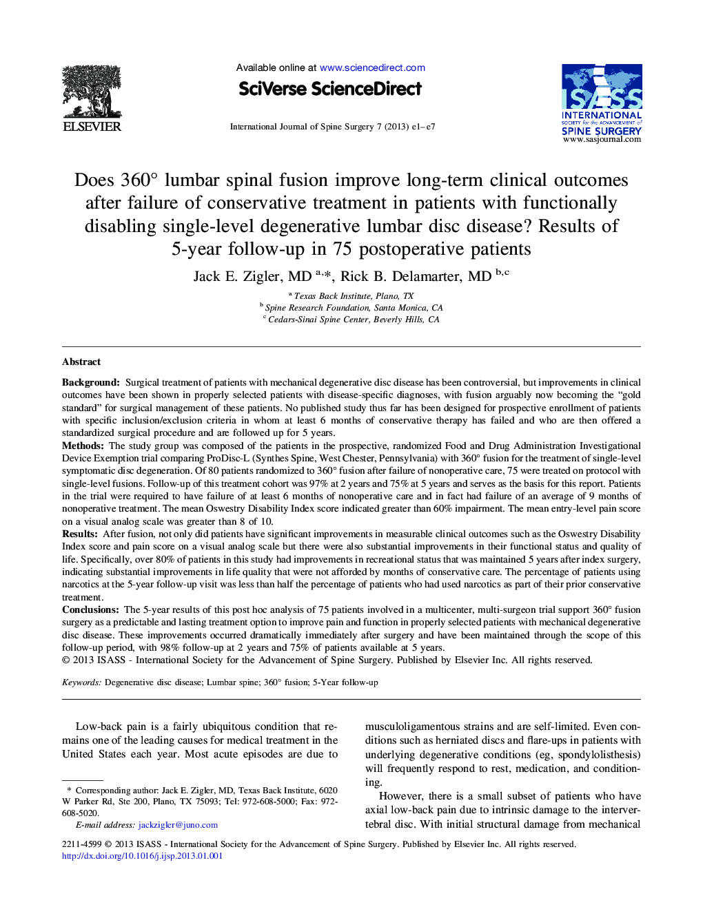 Does 360° lumbar spinal fusion improve long-term clinical outcomes after failure of conservative treatment in patients with functionally disabling single-level degenerative lumbar disc disease? Results of 5-year follow-up in 75 postoperative patients