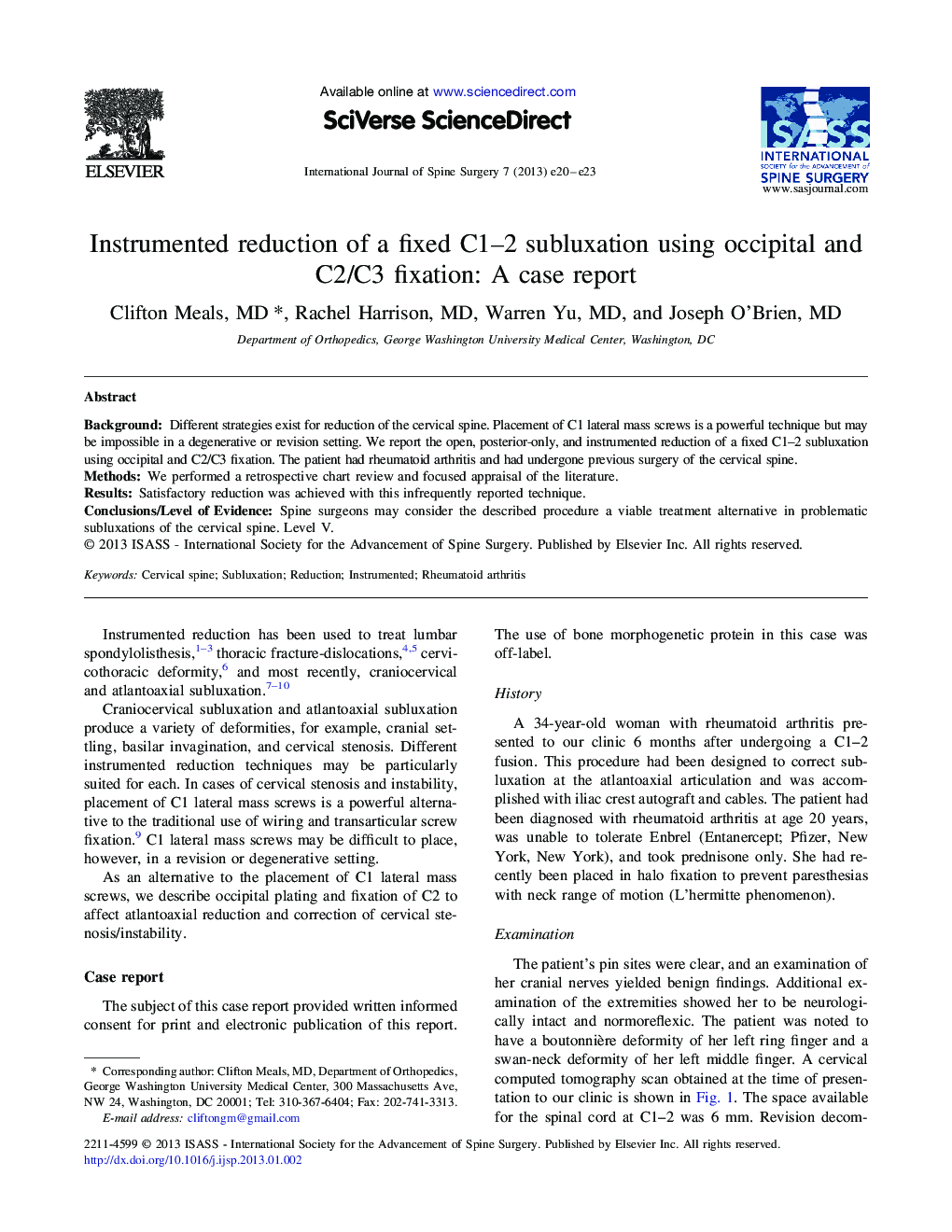 Instrumented reduction of a fixed C1–2 subluxation using occipital and C2/C3 fixation: A case report