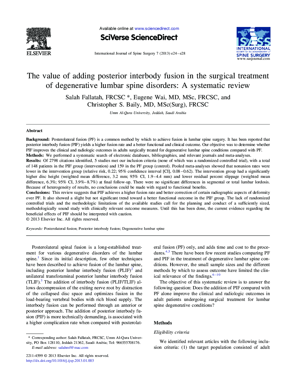 The value of adding posterior interbody fusion in the surgical treatment of degenerative lumbar spine disorders: A systematic review