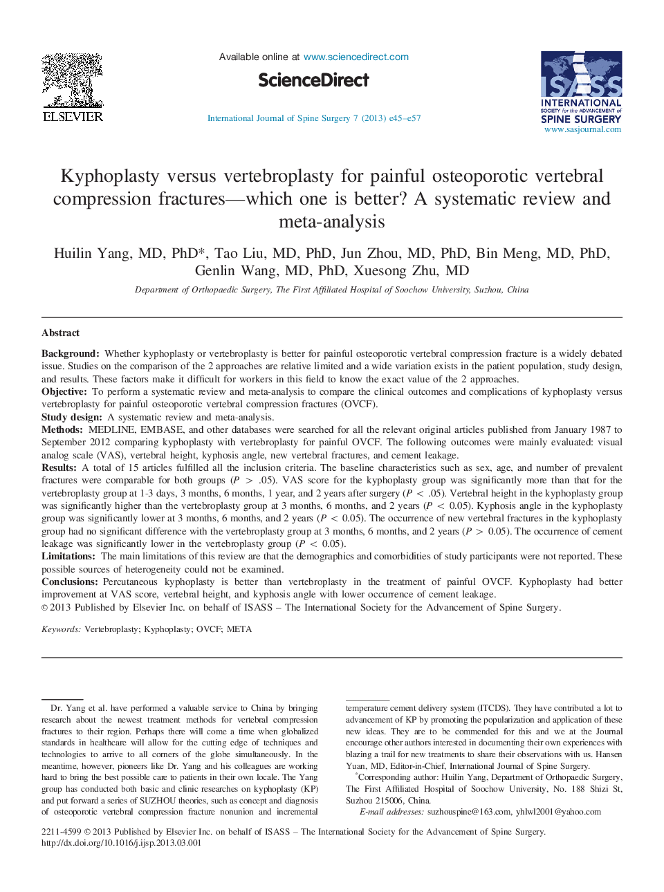 Kyphoplasty versus vertebroplasty for painful osteoporotic vertebral compression fractures—which one is better? A systematic review and meta-analysis 