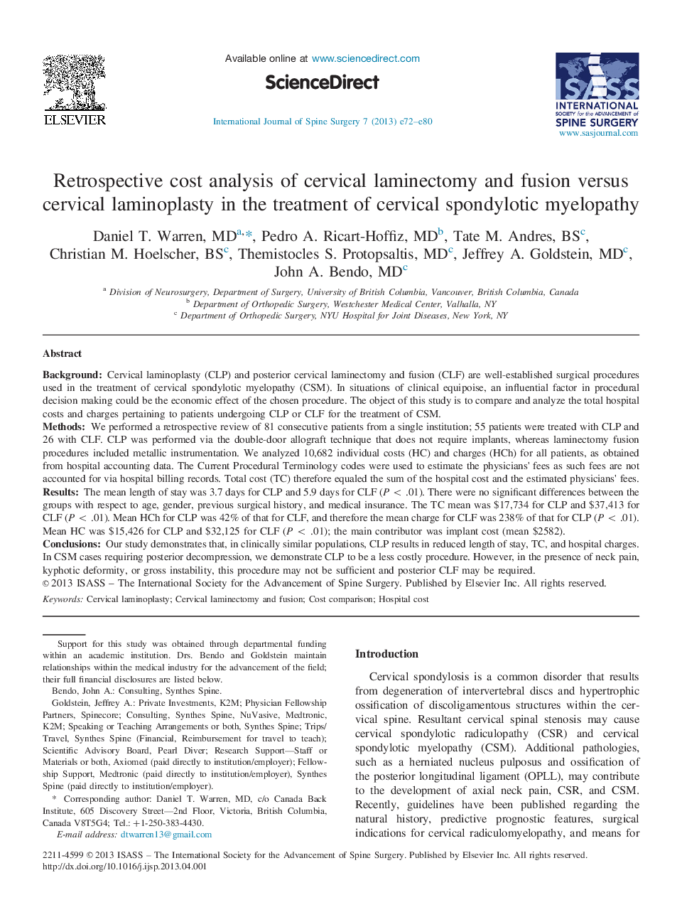 Retrospective cost analysis of cervical laminectomy and fusion versus cervical laminoplasty in the treatment of cervical spondylotic myelopathy