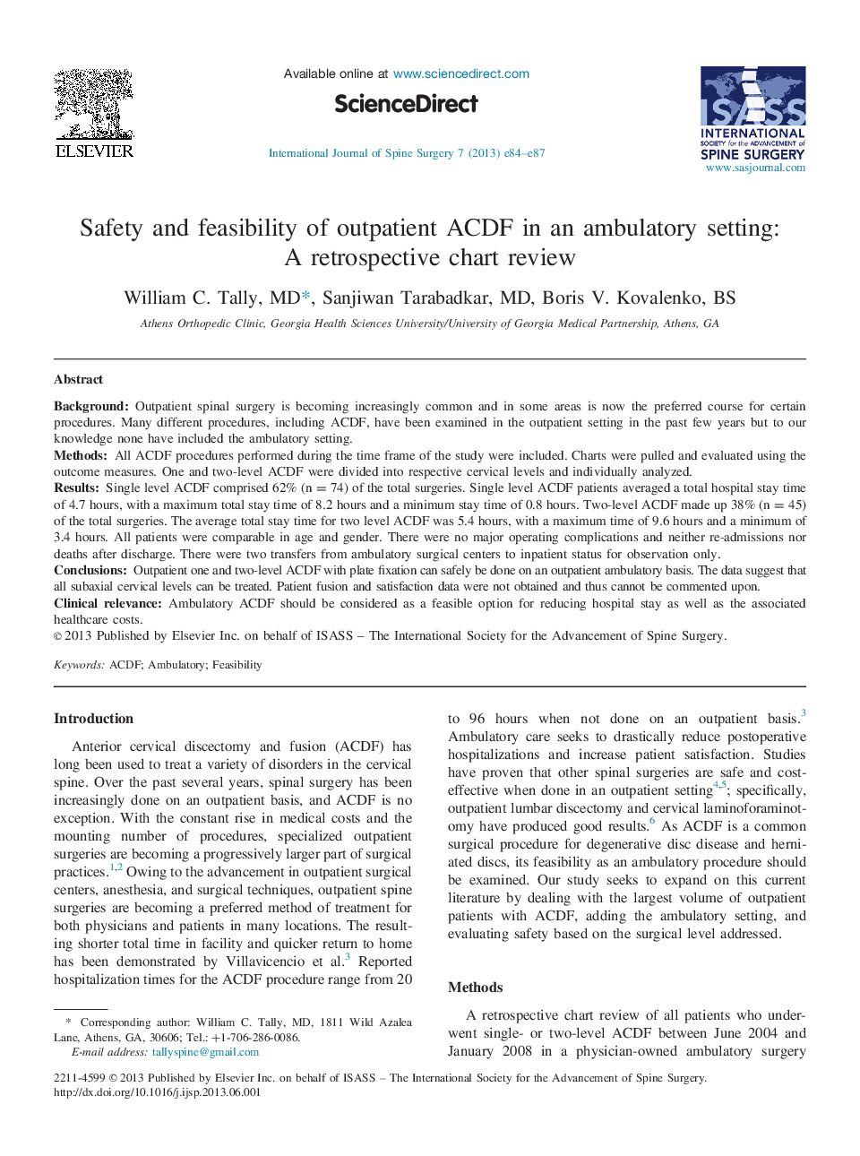 Safety and feasibility of outpatient ACDF in an ambulatory setting: A retrospective chart review