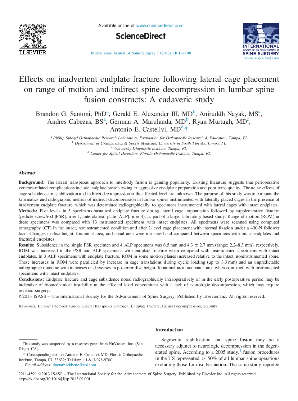 Effects on inadvertent endplate fracture following lateral cage placement on range of motion and indirect spine decompression in lumbar spine fusion constructs: A cadaveric study