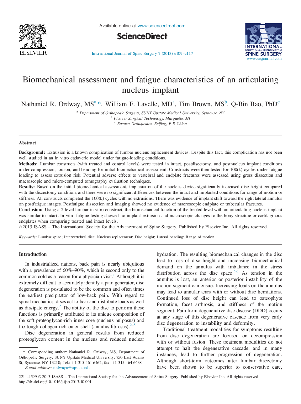 Biomechanical assessment and fatigue characteristics of an articulating nucleus implant