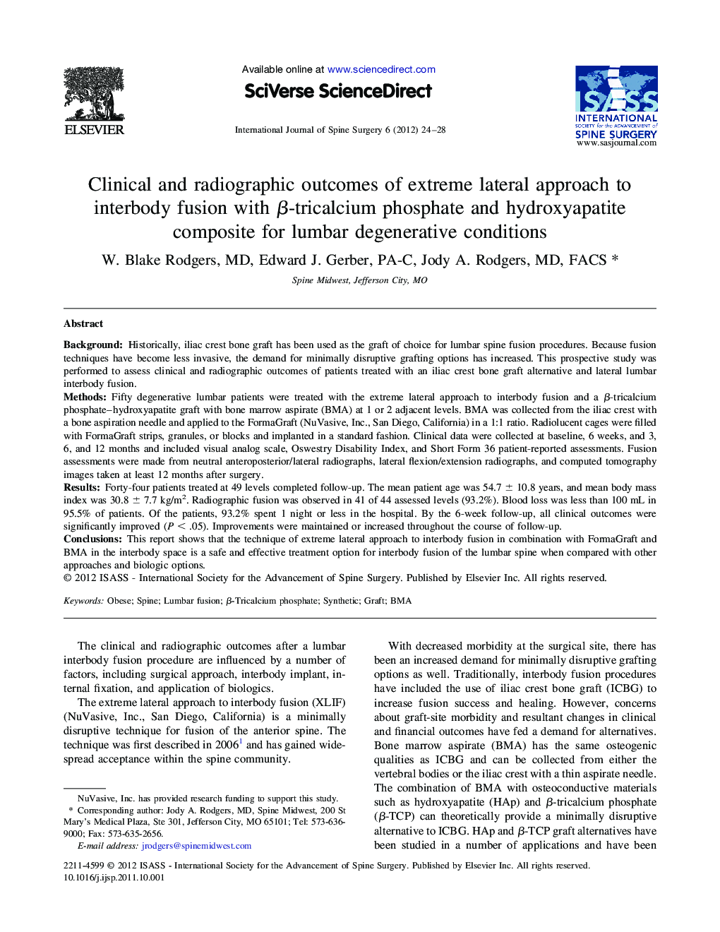 Clinical and radiographic outcomes of extreme lateral approach to interbody fusion with Î²-tricalcium phosphate and hydroxyapatite composite for lumbar degenerative conditions