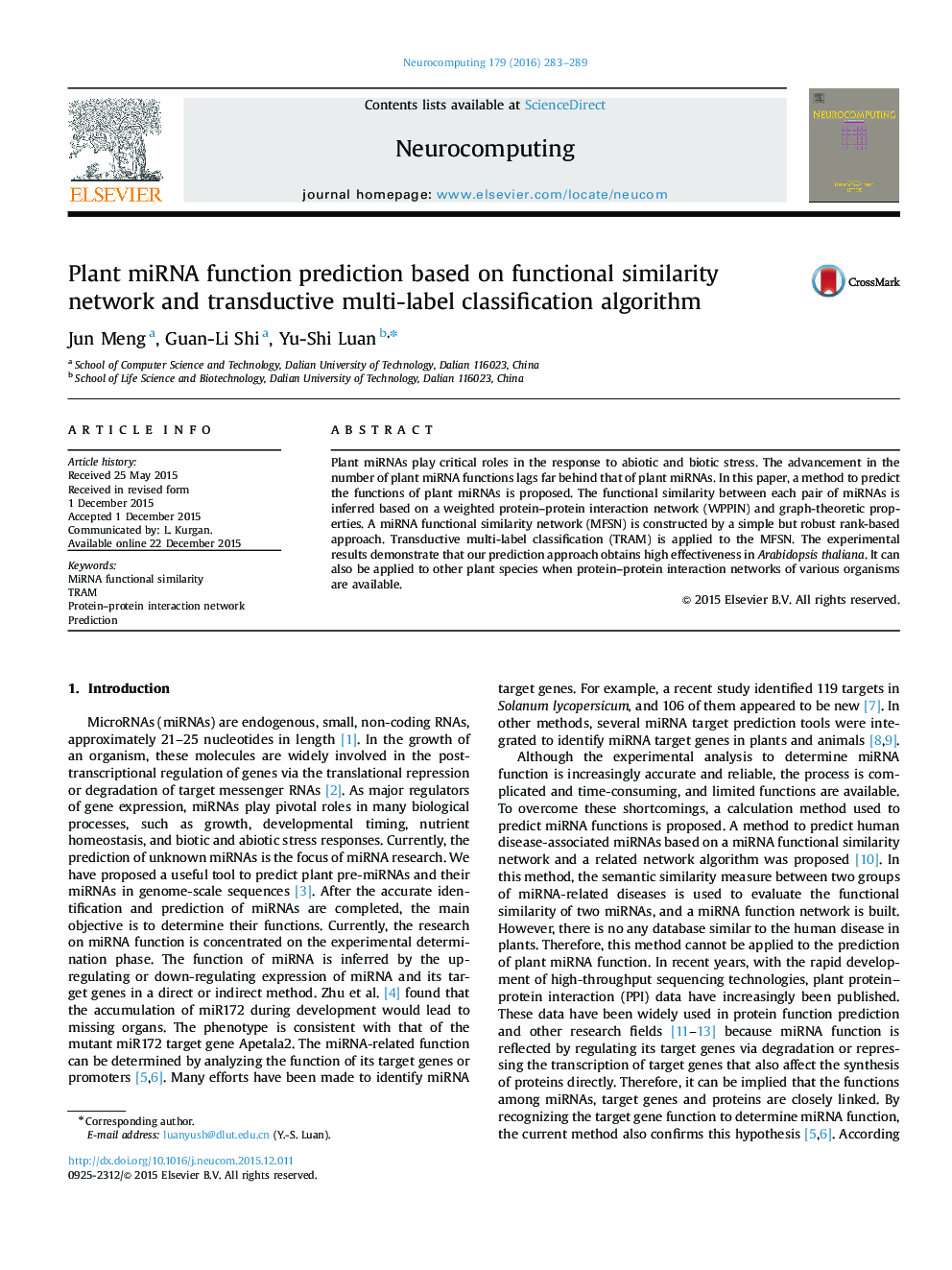 Plant miRNA function prediction based on functional similarity network and transductive multi-label classification algorithm