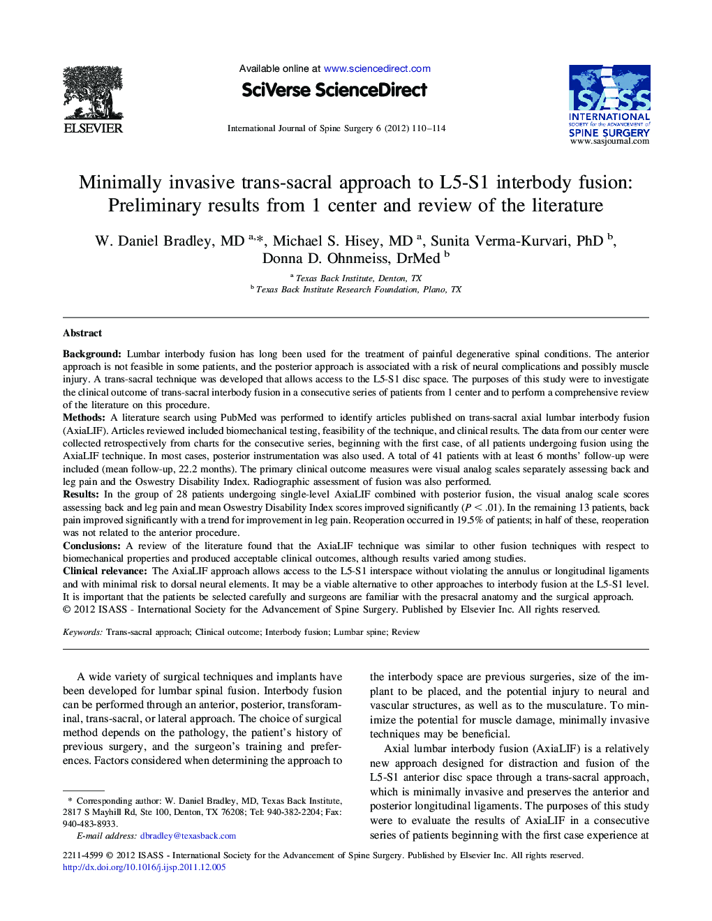 Minimally invasive trans-sacral approach to L5-S1 interbody fusion: Preliminary results from 1 center and review of the literature