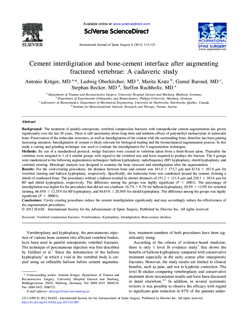 Cement interdigitation and bone-cement interface after augmenting fractured vertebrae: A cadaveric study