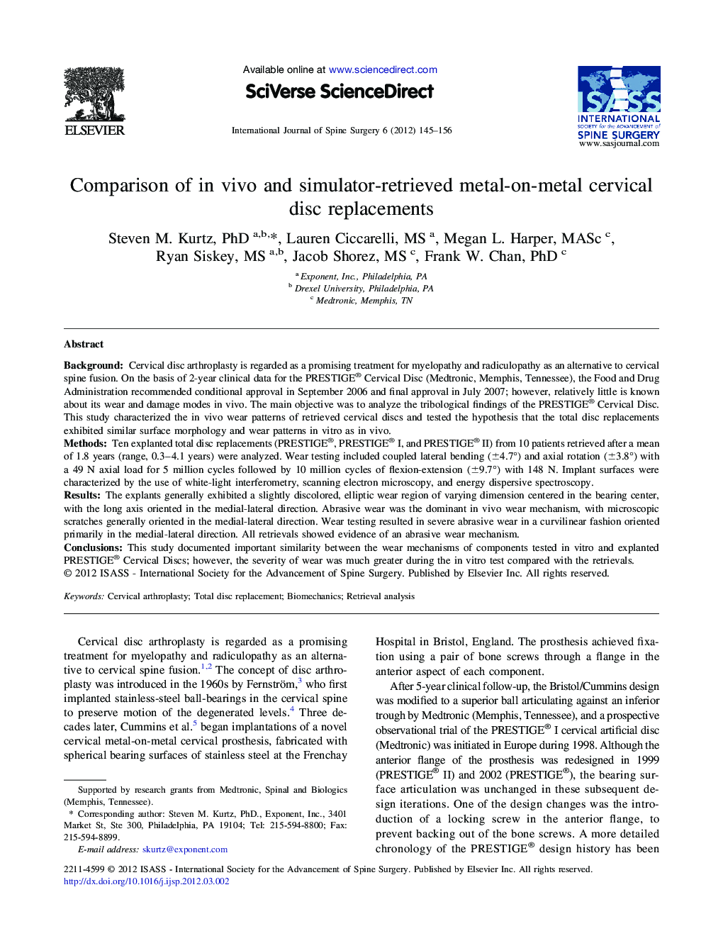 Comparison of in vivo and simulator-retrieved metal-on-metal cervical disc replacements