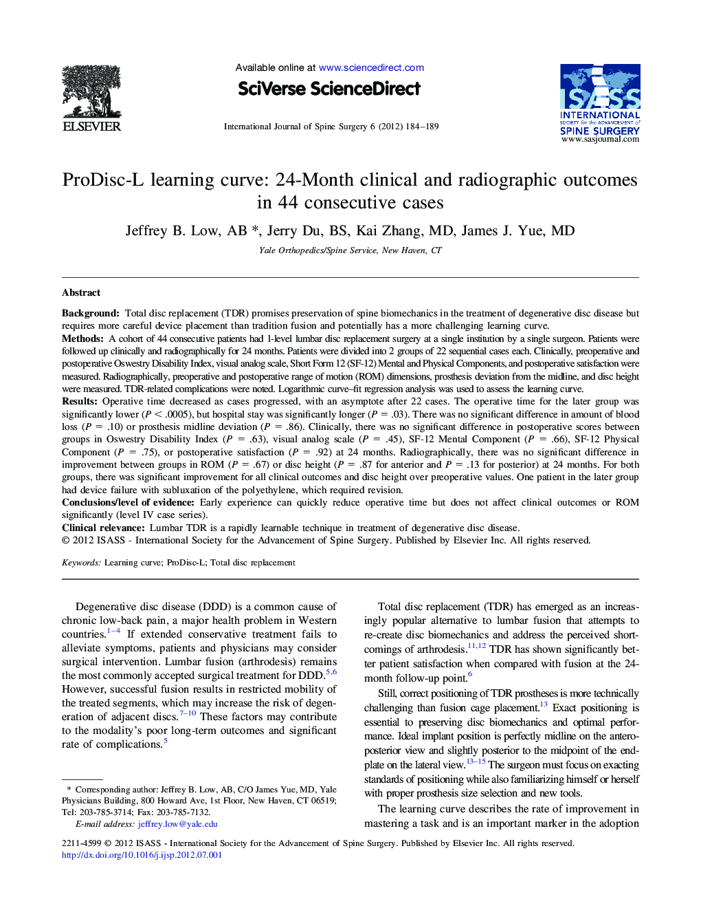 ProDisc-L learning curve: 24-Month clinical and radiographic outcomes in 44 consecutive cases