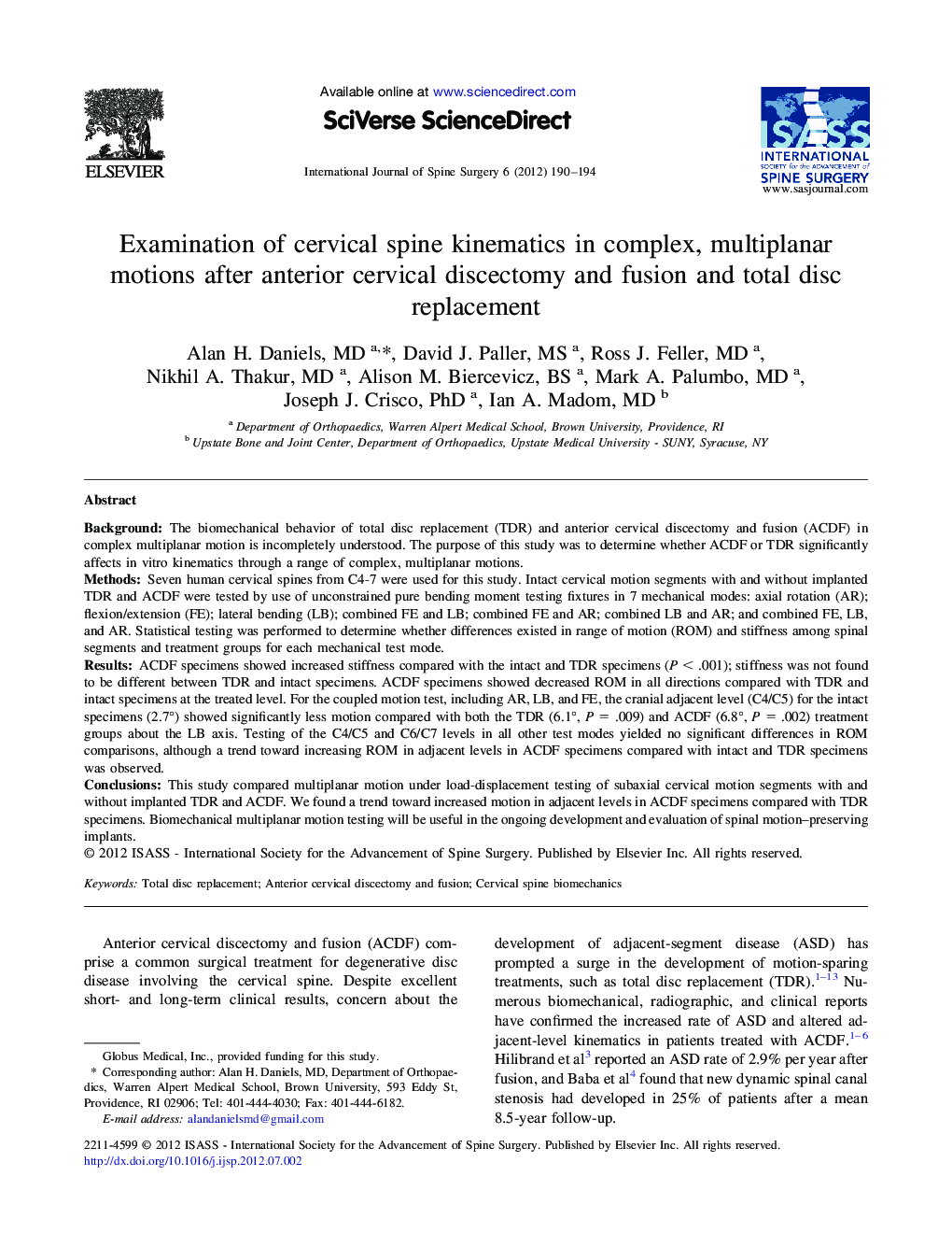 Examination of cervical spine kinematics in complex, multiplanar motions after anterior cervical discectomy and fusion and total disc replacement