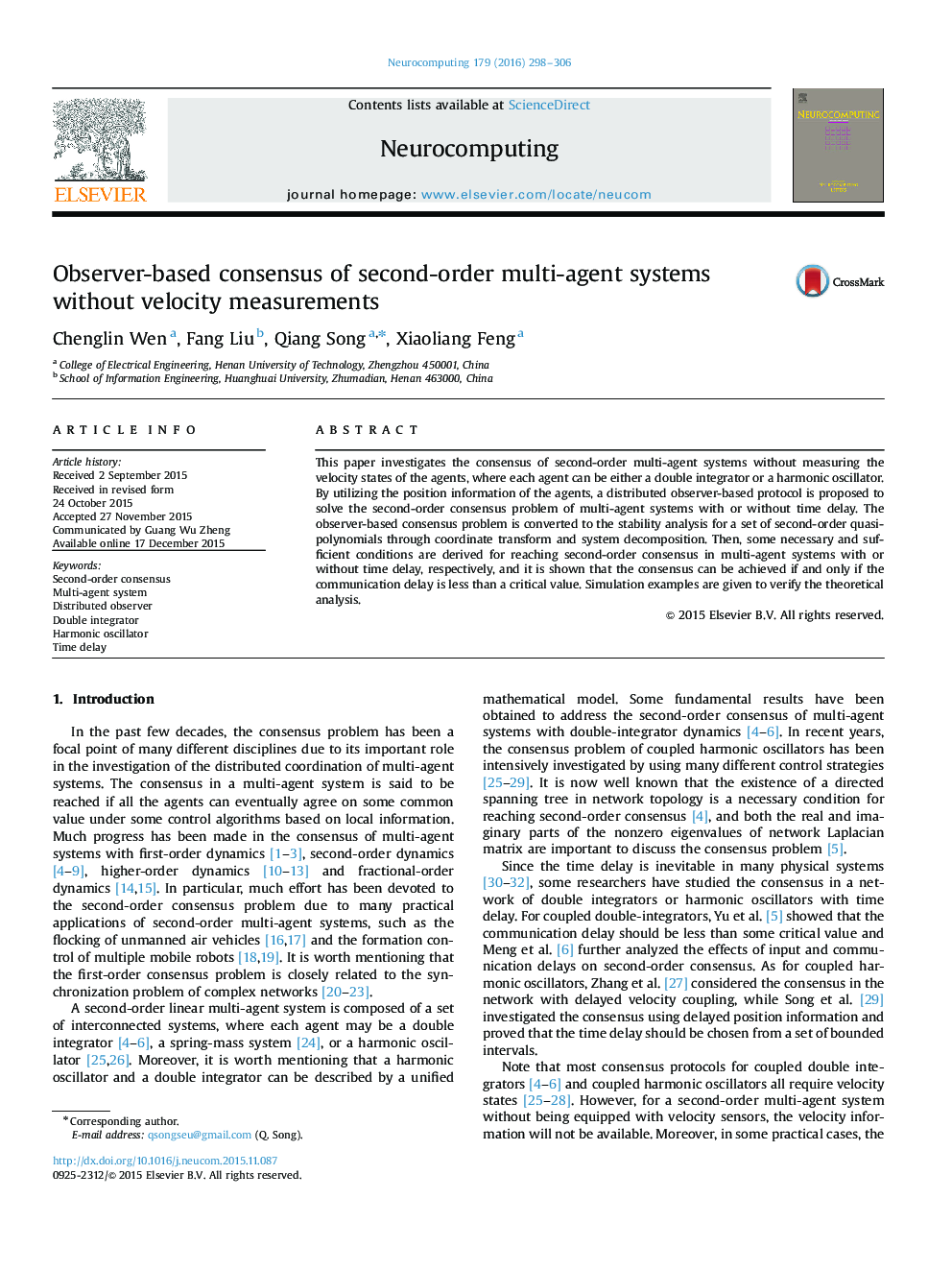 Observer-based consensus of second-order multi-agent systems without velocity measurements