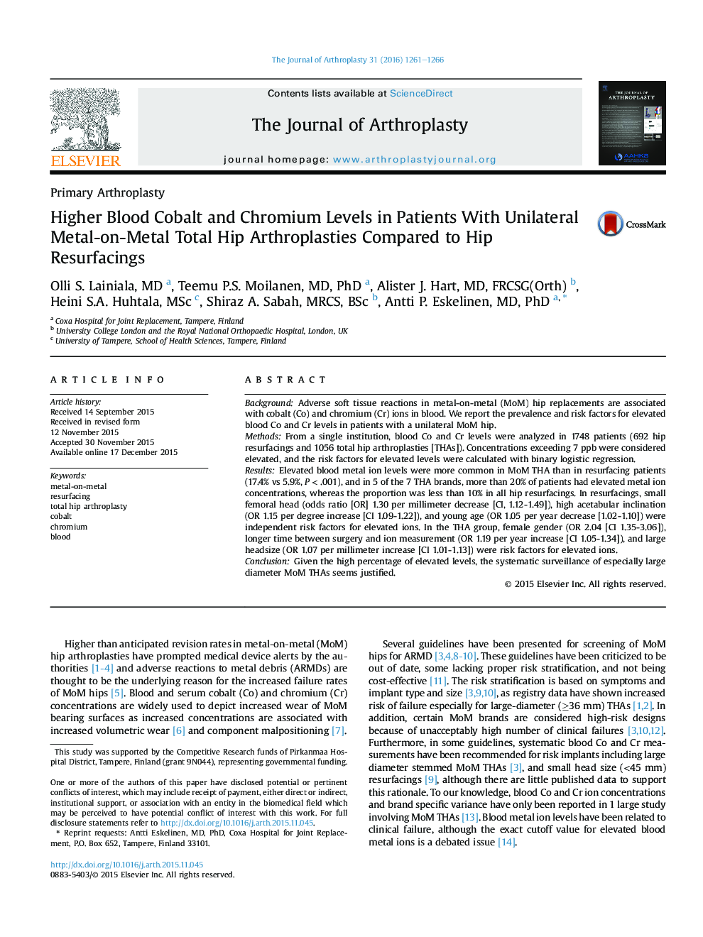 Higher Blood Cobalt and Chromium Levels in Patients With Unilateral Metal-on-Metal Total Hip Arthroplasties Compared to Hip Resurfacings 