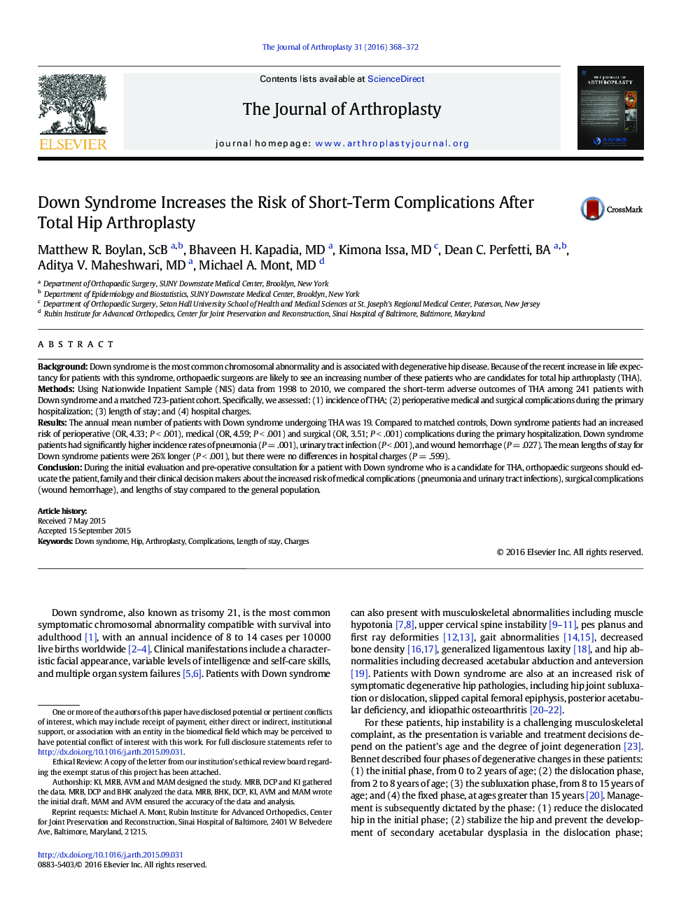 Down Syndrome Increases the Risk of Short-Term Complications After Total Hip Arthroplasty 