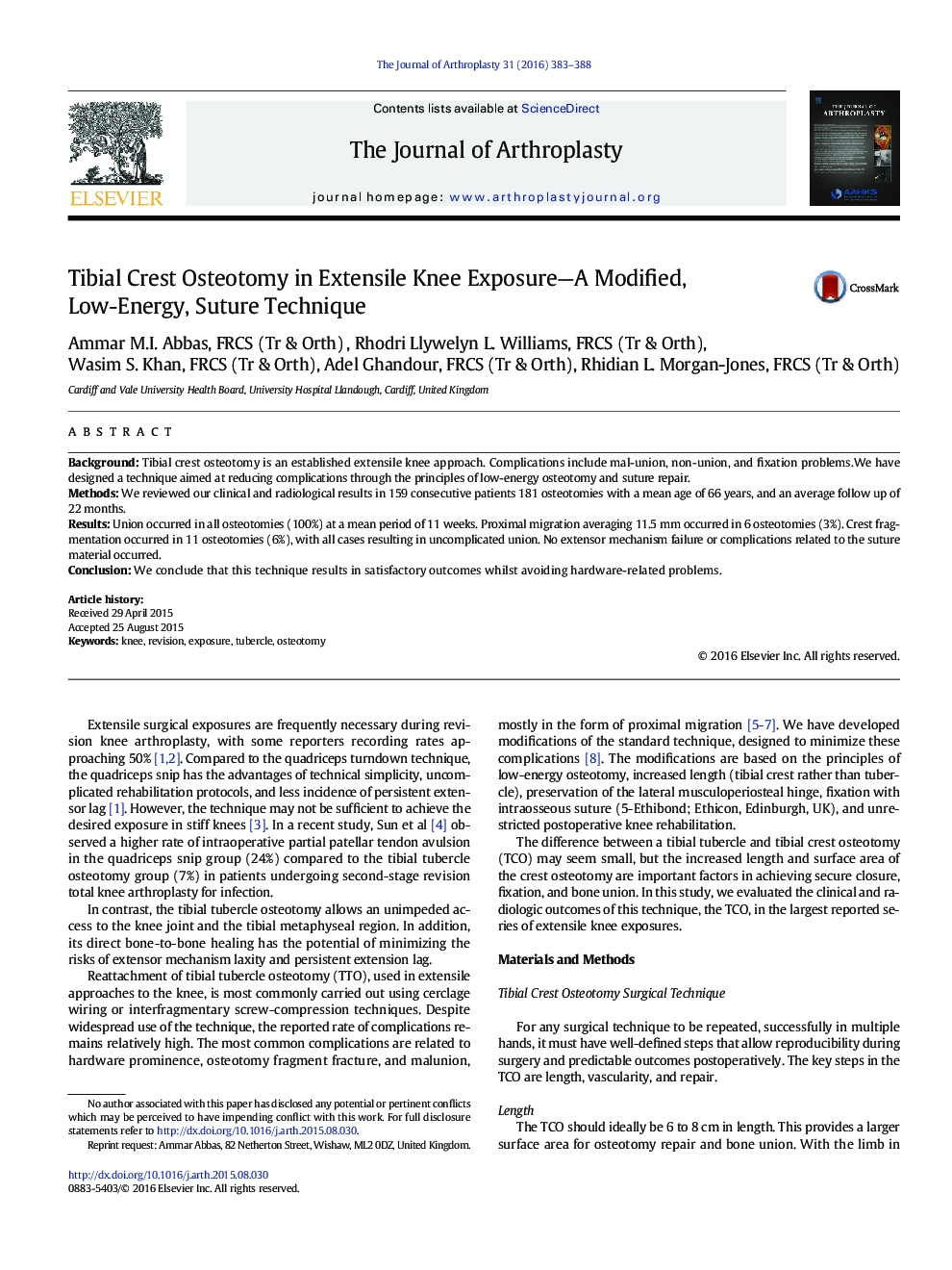 Tibial Crest Osteotomy in Extensile Knee Exposure—A Modified, Low-Energy, Suture Technique 