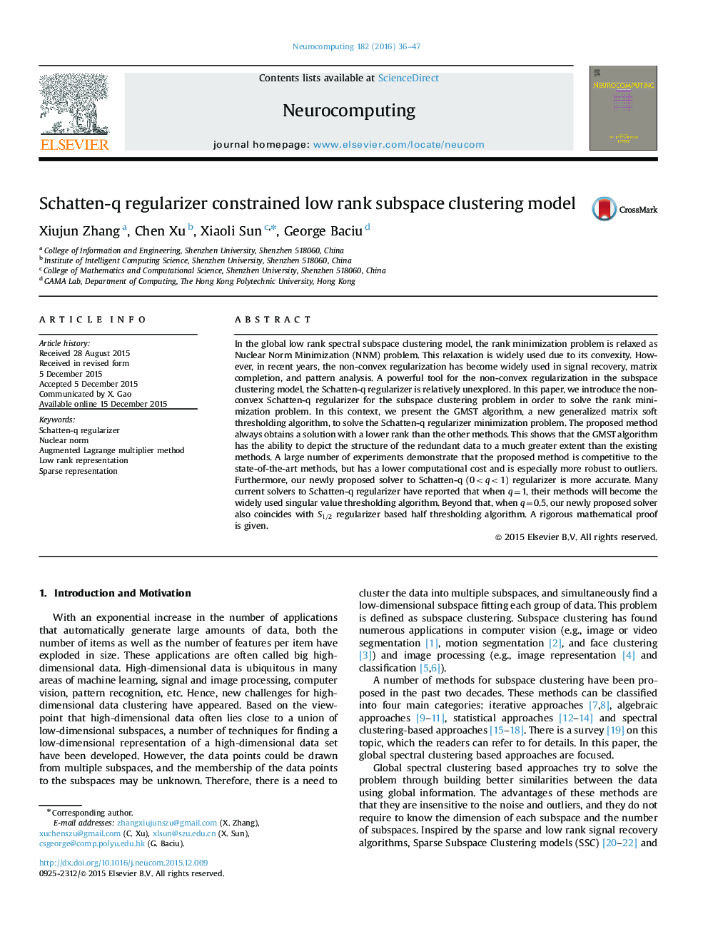 Schatten-q regularizer constrained low rank subspace clustering model