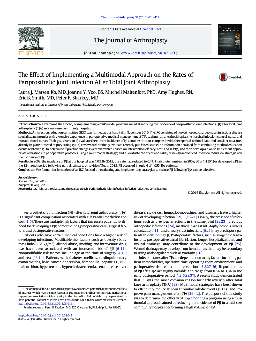 The Effect of Implementing a Multimodal Approach on the Rates of Periprosthetic Joint Infection After Total Joint Arthroplasty 