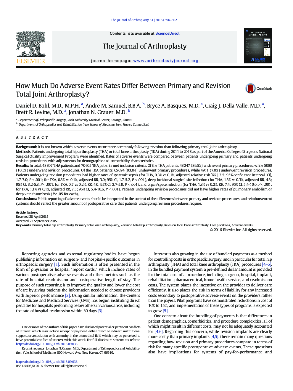 How Much Do Adverse Event Rates Differ Between Primary and Revision Total Joint Arthroplasty? 