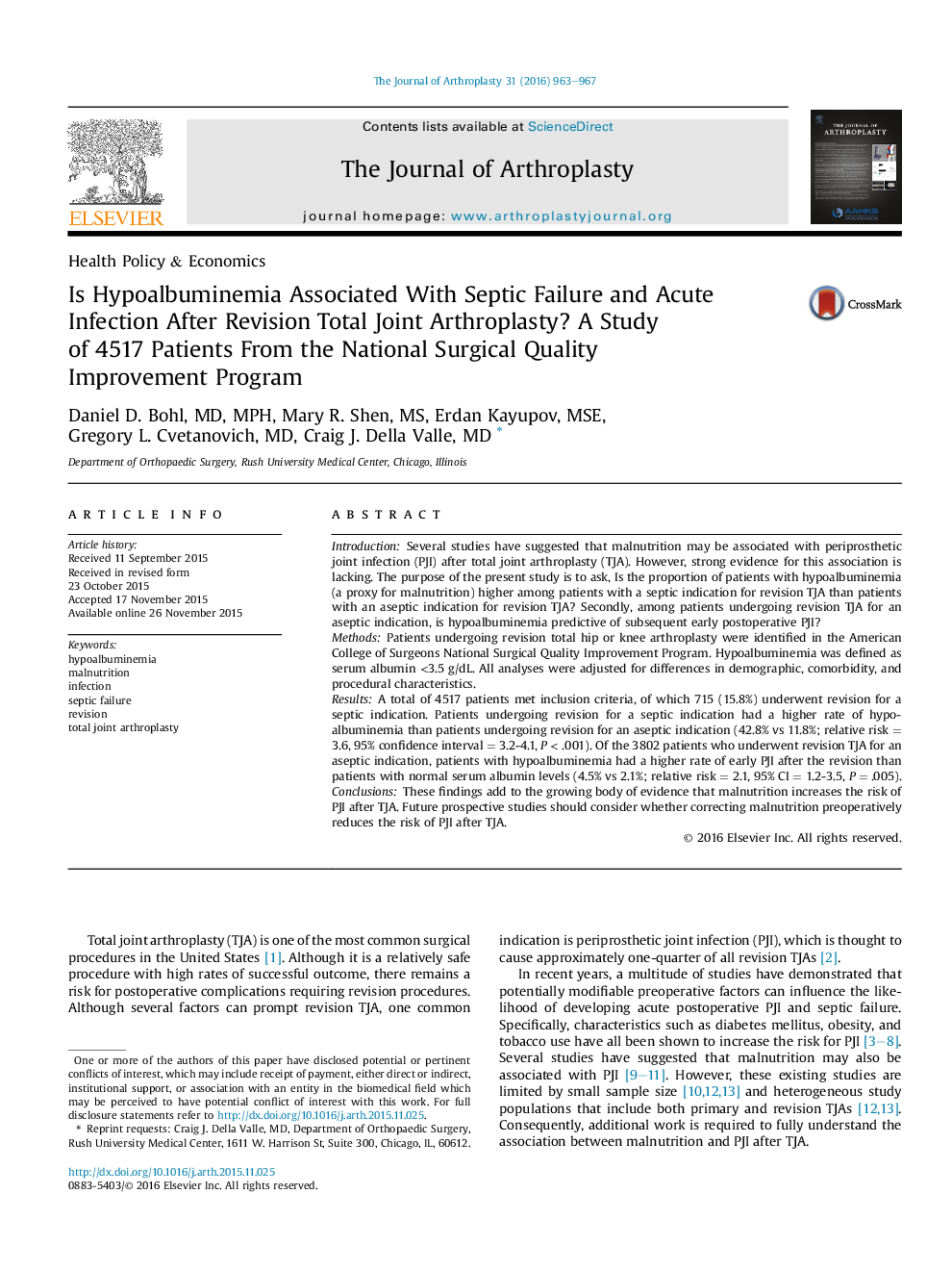 Is Hypoalbuminemia Associated With Septic Failure and Acute Infection After Revision Total Joint Arthroplasty? A Study of 4517 Patients From the National Surgical Quality Improvement Program 