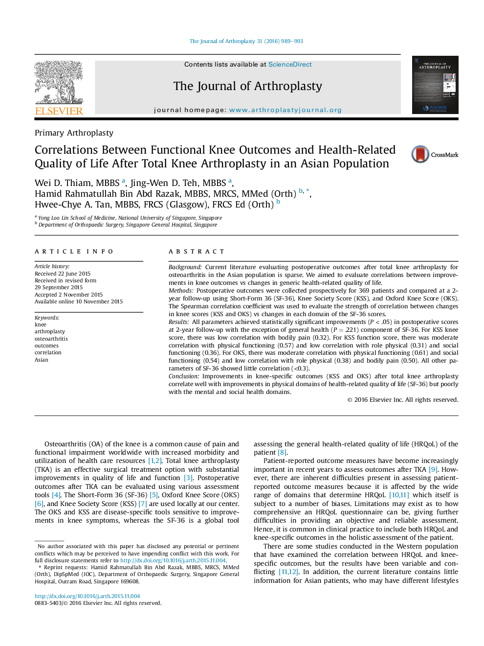 Correlations Between Functional Knee Outcomes and Health-Related Quality of Life After Total Knee Arthroplasty in an Asian Population 