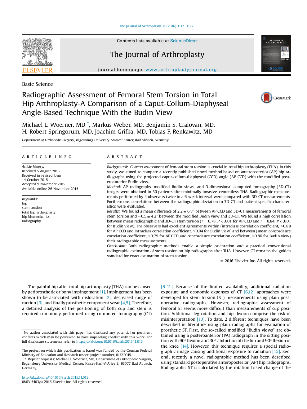 Radiographic Assessment of Femoral Stem Torsion in Total Hip Arthroplasty-A Comparison of a Caput-Collum-Diaphyseal Angle-Based Technique With the Budin View 