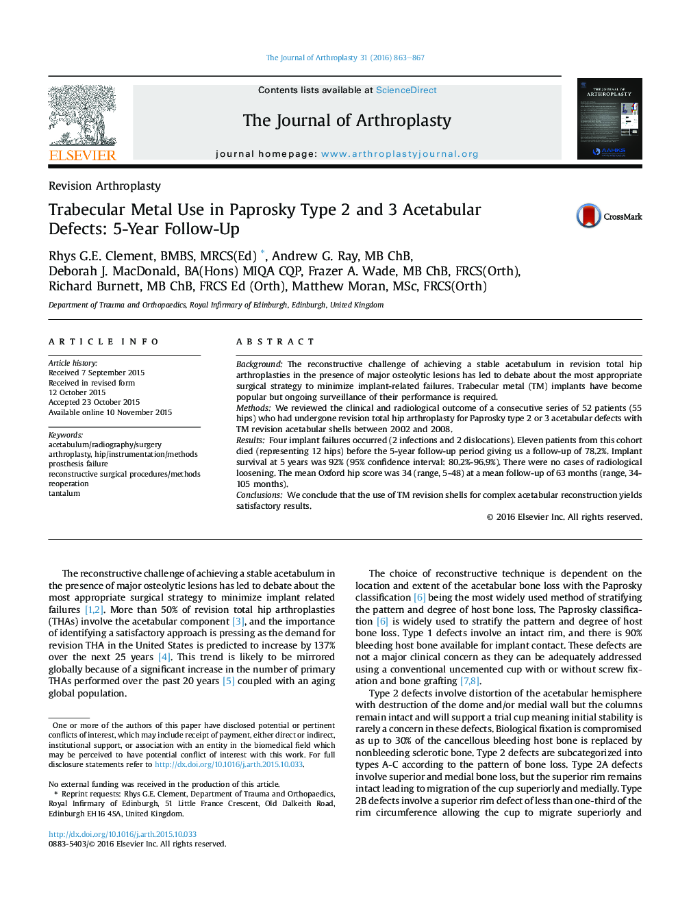 Trabecular Metal Use in Paprosky Type 2 and 3 Acetabular Defects: 5-Year Follow-Up 